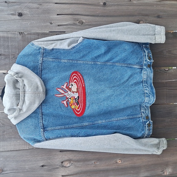 Rare VTG Looney Tunes Bugs Bunny Daffy Taz 1993 Hoodie Denim Jean Jacket 90s L - Picture 3 of 9